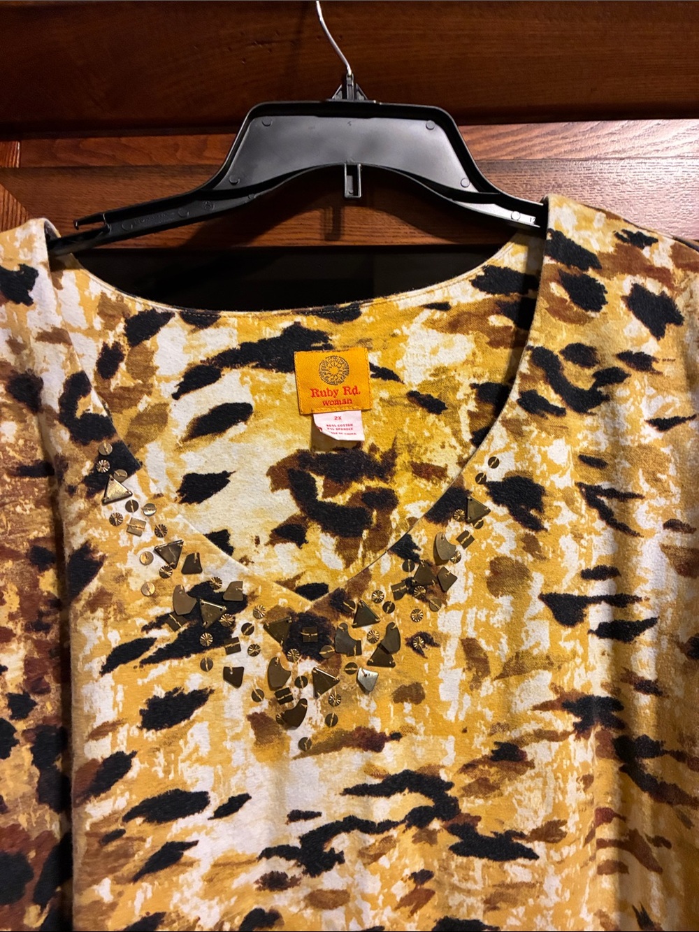 Ruby Rd. Yellow and Black Animal Print V-Neck Top with Gold Stud Accents